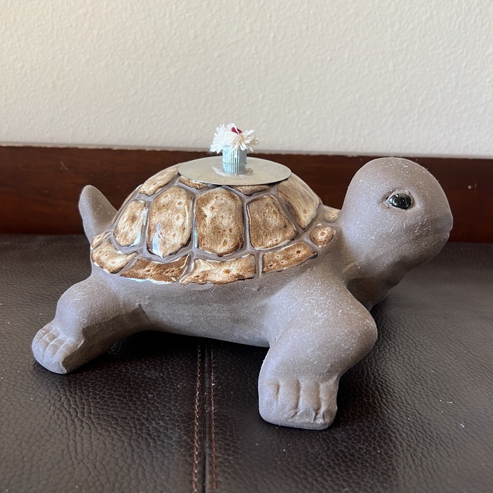 Turtle Ceramic Oil Lamp W/Brown Glaze Shell & Removable Oil Container/Wick